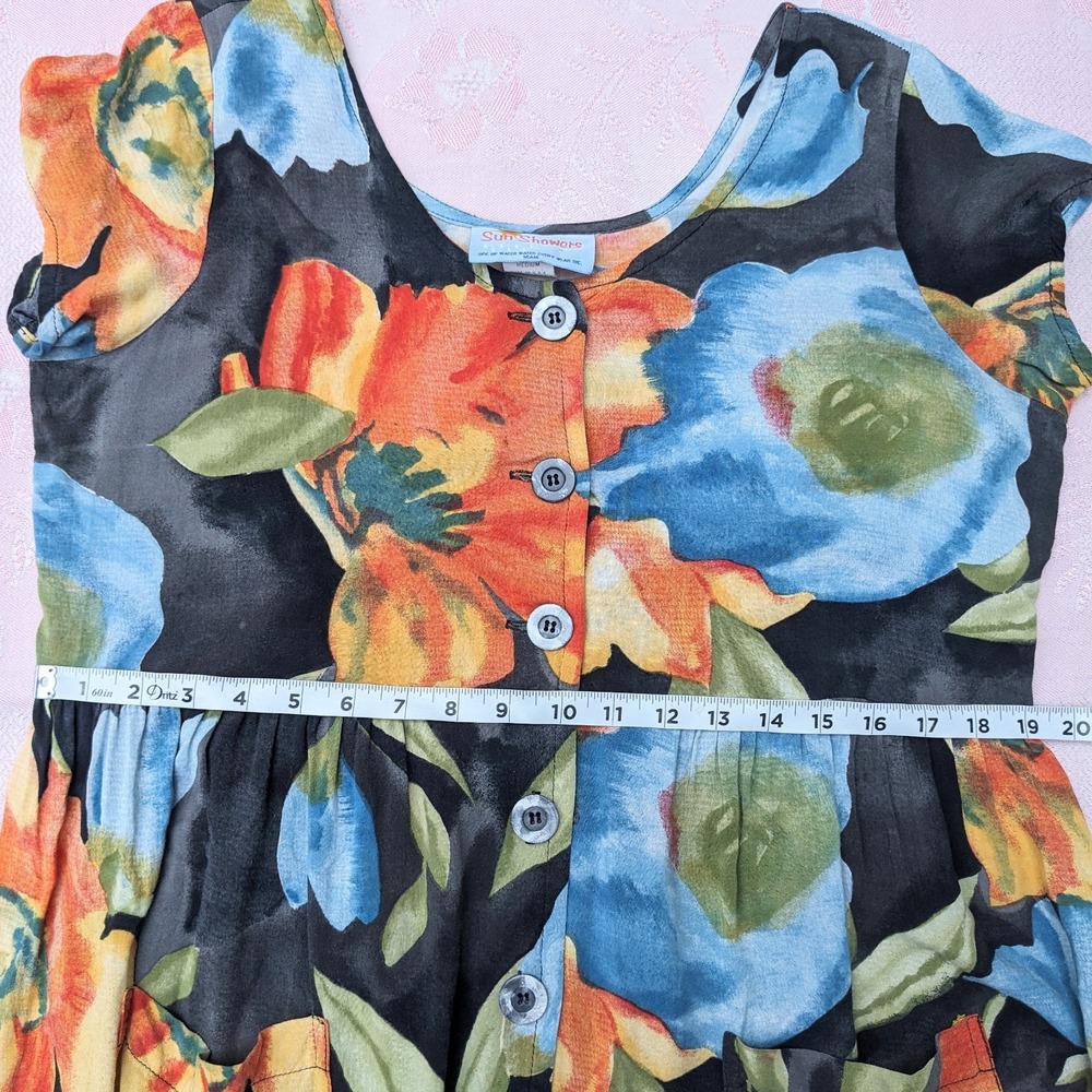 Vintage 90s Watercolor Floral Rayon Mini Dress M Button Front Babydoll Pockets - Picture 11 of 16